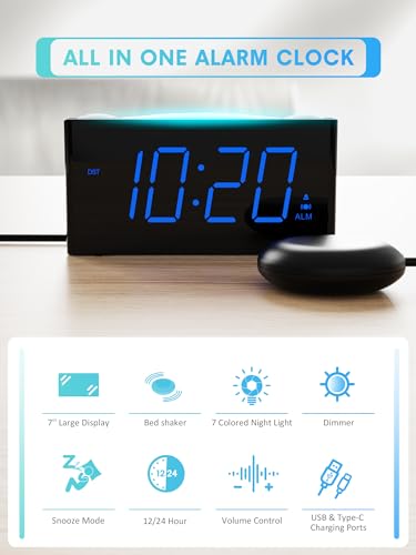 ROCAM Loud Alarm Clock for Deaf People, Vibrating Clock for Heavy Sleepers/Hearing Impaired/Elderly, Alarm Clock with 7 Color Night Light/Snooze/Dimmer/2 USB Ports/Battery Backup, Blue