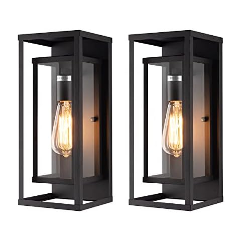 mirrea 14" Classic Outdoor Wall Sconce 1 Light in Matte Black Rectangular Metal Frame and Clear Glass Shade Waterproof Porch Light Patio Light Pack of 2 Cover