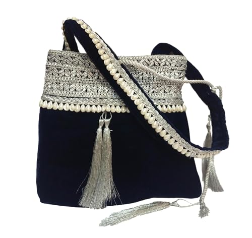 Image of athizay Blue Velvet Handbag for women potli bag which opens to a small shoulder bag for ladies with handcrafted Moti work Strap Multi purpose bag Regal and Royal look