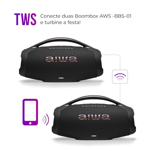 AIWA, Caixa de Som Boombox BBS01, 200W RMS, IP66 com Alça, 30h de Bateria, Bluetooth 5.3,TWS