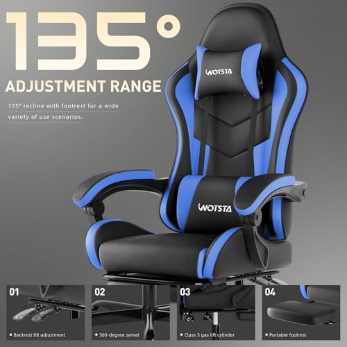 Image of Ergonomic Gaming & Office Chair, Footrest, Racing Design Black /Blue | PVC with headrest,lumbar, Adjustable Height recliner for adults 2D-Linkage Armrests for 300LBS
