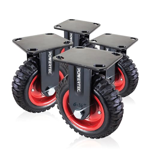 Image of POWERTEC 6 Inch Caster Wheels Set of 4, Heavy Duty Fixed Plate Casters with Rubber Knobby Tread for Workbench, Dolly, Cart, Trolley, Wagon, Toolbox & Chicken Coop, Large Castor Wheels (17052-P4)