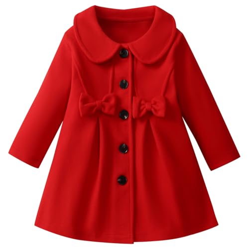 Image of METYOUEZE Toddler Baby Girl Dress Coat Lapel Button Jackets Clothes Long Sleeve Solid Color Fall Winter Outfit(Red,3-4T)
