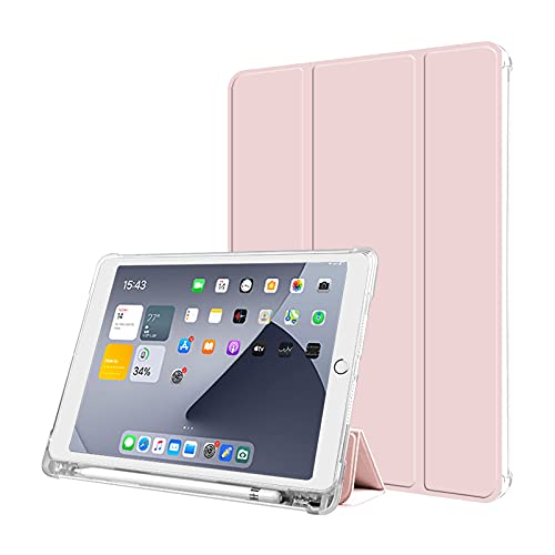 KenKe iPad 10.2 ケース iPad 9/8/7世代 ケース 2021 2020 2019 軽量 スマート柔らかいTPU 半透明シリコン製 iPad カバー ペンホルダー付き 三つ折タイプ 全面保護型【Apple Pencil 収納可能】オートスリープ/ウェイク iPad 10.2 インチ カバー (ピンク)のサムネイル