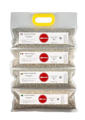 Roastika - Unroasted Coffee Bean - 4lb (pack of 4) - Sampler Pack - Bundle 2A (COSTA RICA TARRAZU/MEXICO CHIAPAS HG EP/ETHIOPIA YIRGACHEFFE/TANZANIA PEABERRY KILIMANJARO) Green Coffee Bean