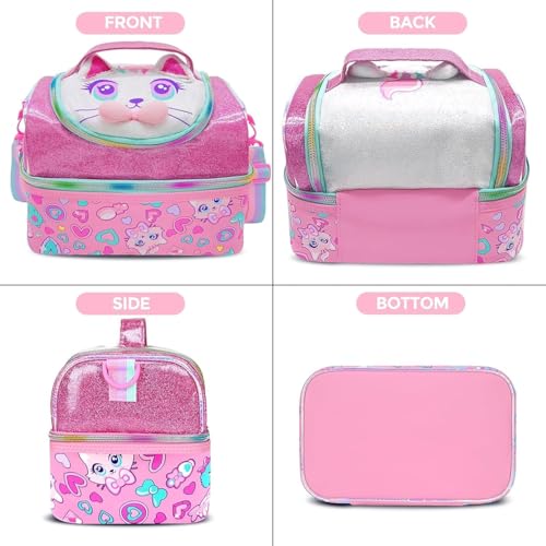 Image of Kids Double Decker Cooler Insulated Lunch Bag Large Tote for Boys, Girls, Men, Women, with Adjustable Strap (DBL-BAG-KITTY-01)