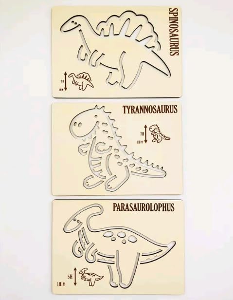 MeeCraft Montessori Dinosaurs Stencil Set with Box for Drawing and Artistic Expression, Wooden Toys for Preschoolers (9 Pieces, 21x15cm Each)