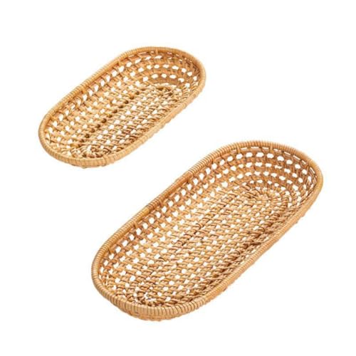Wicker Rattan Fruit Bread Basket, Oval Shape Fruit Bread Basket 100% Natural Rattan Shopping Basket for Fruit Vegetable Bread Cookies Candy (S+M)