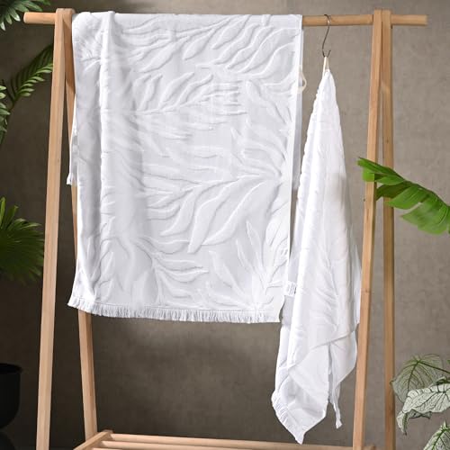 VOOVA & MOVAS Luxury Jacquard Monstera Bath Towel Set - 2-Pack, Extra-Large 27.5x55 Inch 100% Cotton | Ultra-Absorbent, Quick-Drying with Elegant Tassel Trim | Spa & Bathroom Towels - White