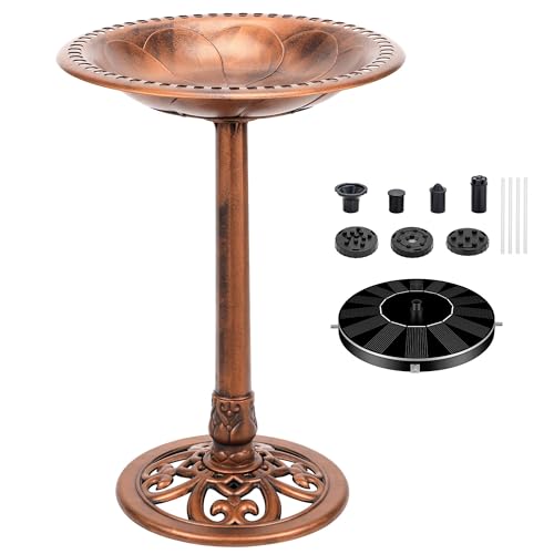 FSUON Bird Bath 28 Inch Height with Solar Powered Fountain, Polyresin Standing Antique Birdbath for Outdoor Garden Decor, Copper