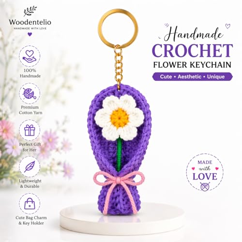 Image of Handmade Crochet Rose Flower Keychain for Women & Girls, Cute Red Flower Key Ring, Soft Yarn Knitted Charm, Romantic Gift, Bag Accessory, Car Key Holder, Aesthetic Handmade Gift