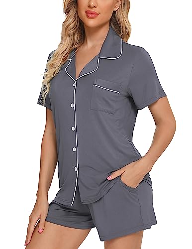 Image of Pjmlifecoco Women's Modal Pajama Set Short Sleeve Button Down Two Piece Soft Sleepwear with Shorts Loungewear S-XXL