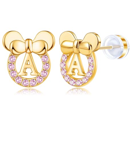 Staligue Initial Stud Earrings for Girls 925 Sterling Silver Pink Cubic Zirconia Alphabet Letter Earrings 14K Gold Plated Hypoallergenic Alphabet Initial Earrings