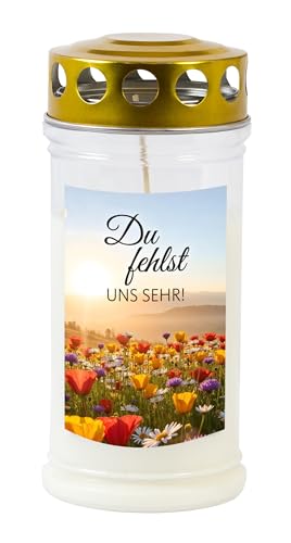 Grabkerze - Gedenkkerze Motiv 'Du fehlst uns sehr!' 70-90 Std. Brenndauer Trauerkerze - Langlebig, 100% Pflanzenöl, Weiß mit Golddeckel TLB