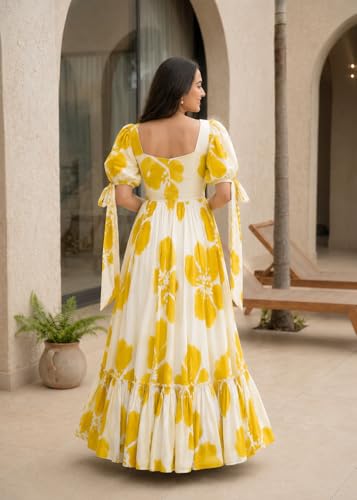 Image of Modestouze Attires Women's Floral Pattern Rayon Blend Maxi Dress with Sweetheart Neck Half Puff Sleeve Floor Length and Zipper Closure Type | Maxi Dress for Women Stylish | Dress for Women