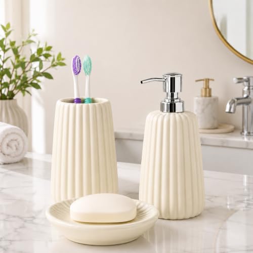 Image of Quace Ceramic Bathroom Accessories Set of 3, Soap Dispenser, Toothbrush Holder & Soap Dish, Modern Bathroom Accessories, Luxury Wash Basin Countertop Organizer for Home & Hotel, Ivory