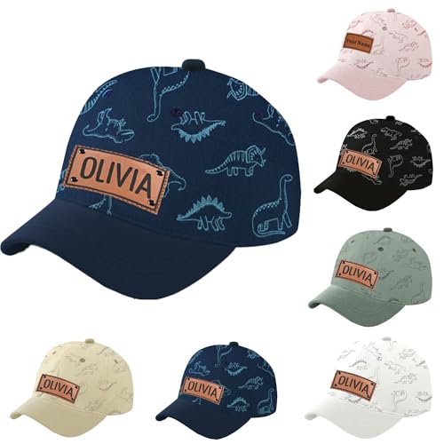 Custom Toddler Baby Hats,Personalized Kids Baseball Caps with Leather Label Name,Adjustable Snapback Dinosaur Print Hats
