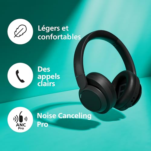 Philips TAH6509BK/00 Casque sans Fil Bluetooth Supra-auriculaire à réduction de Bruit - Excellente qualité d'appel, Compatible avec Les Assistants vocaux et jusqu'à 70 Heures d'autonomie - Noir