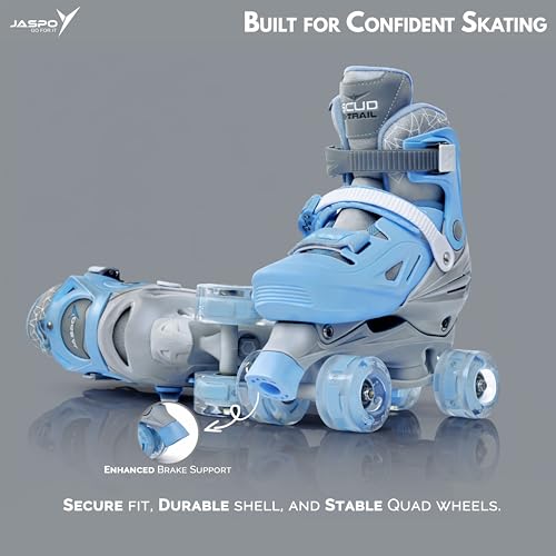 Image of Jaspo Scud X Trail Roller Skates Combo with Helmet and Knee, Elbow, Wrist Guard, Professional Outdoor Indoor Quad-Skates for Kids & Adults, Adjustable Roller Skates with 4 Shiny Wheels (Blue, Large)