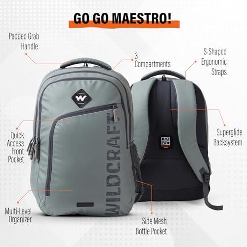 Image of Wildcraft Maestro 30L Laptop Backpack for Travel Gym Office | Unisex Workpack with Rain Cover 15-Inch Laptop Sleeve & Superglide Mesh Back