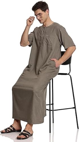 U.S. ELK Men's Round Neck Short Sleeves Jalabiya | Breathable Kaftan Style Thobe for Comfort & Elegance | جلابيات للشباب (Olive, 58)