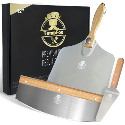 Pizza Peel Oven Making Accessories, 12 Inch Pizzas Turning Paddle with Foldable Wooden Handle Shovel, Pizza Cutter Rocker Stainless Steel Spade Tools 3 Piece Set