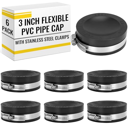 Image of 6 Pack 3 Inch Flexible PVC Pipe Cap with Stainless Steel Clamps - Black Durable End Caps for Drainage, Wastewater & Vent Pipes, Above /below Ground Use