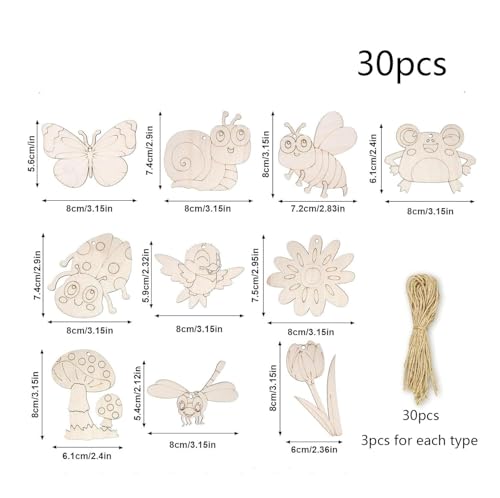 HERZONE 30pcs Holz Blumen zum Bemalen Frühlingsdeko Anhänger Schmetterlinge Blumen Holzanhänger zum Bemalen Frühlingsanhänger aus Holz zum Aufhängen Fensterdeko Fensterhänger (Mix-B)