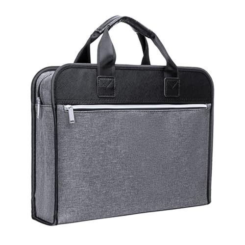 Gray Portable Business File Bag, Double Layer Canvas Tote with Handle & Zipper