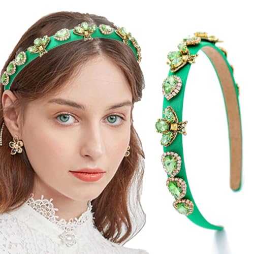 Coridy Diademas finas verdes para mujer, diademas de diamantes de imitación de cristal con piedras preciosas para la cabeza de abeja, diademas biseladas de lujo (Vintage) (verde)