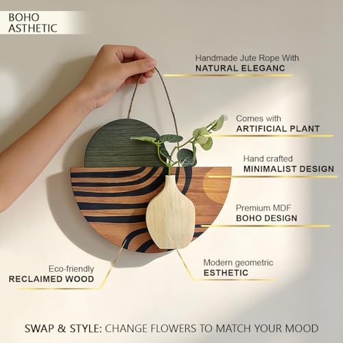 Image of Art Street Boho Art Wall hanging Semicircle MDF With Artificial Plant for Home & Office Decor, Living Room Decoration -Size: 9x7.5 Inch