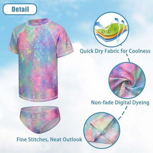 Image of Girls Two Piece Rash Guard Swimsuits Set Short Sleeve Bathing Suit for Kids Hawaiian Swimwear Set 3-16 Years