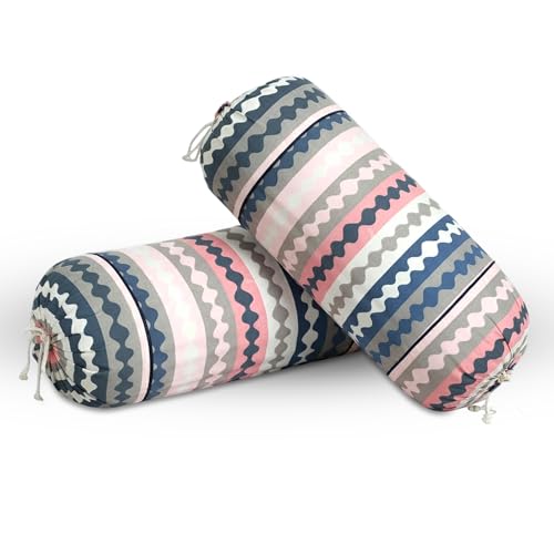 Image of GLUN Pack of 2 Zig Zag Multicolour Round Striped Bolster Pillow Covers, Size 16 inch x 30 inch (40 x 75 cm, Cream) Printed Polyester Silk Fabric for Living Room or Bedroom, Stylish & Modern Covers