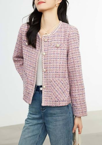 chouyatou Women's Fall Casual Button Down Tweed Jacket Collarless Office Work Cropped Blazer Coat2