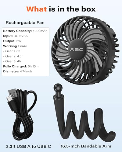 A2C 4.7-Inch Big Cooling Fan for Peloton Bike Bike+ or Tread, 16.5" Long Bendable Arm, Rechargeable 4000mAh Battery, 360° Rotation, 3 Speeds, fits Treadmill Exercise Workout Stationary Cycling Bikes
