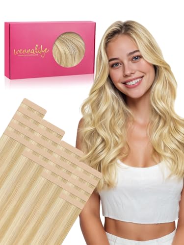 Image of WENNALIFE Fuller Tape in Hair Extensions Human Hair, 22 inch 20pcs 80g Light Blonde Highlighted Golden Blonde Remy Hair Straight Tape in Extensions Skin Weft Tape Ins Extensiones De Cabello Humano