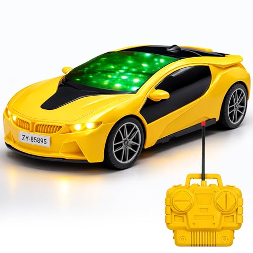 Image of Yellow Rechargeable Remote Control Car Toy, RC Racing Vehicle for Children, High Speed, 3D LED Light Car, Kids Battery Car, RC for Boys & Girls, Toys for Kids, Birthday Gift for Boys and Girls