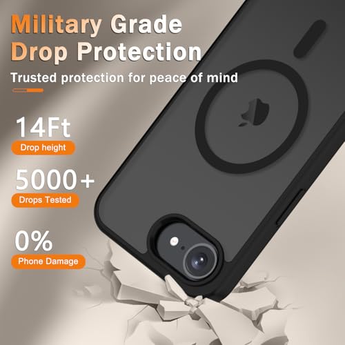 Image of YENAPOON for iPhone 17e Case, iPhone 16e Case, Matte Magnetic Phone Cover [with 1 Screen Protector] [Support for MagSafe] [Shockproof Military Grade Protection] Translucent Frosted Back, Black