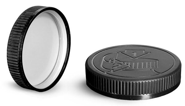 53/400 Plastic Caps, Black PE Lined Child Resistant Caps w/Universal Picture