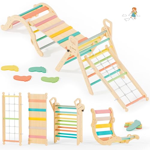 Image of BlueWood 10-in-1 Pikler Triangle Set, Toddler Climbing Toys Indoor, Montessori Climber, Baby Jungle Gyms with Arch, Extra Rope Ladder & Footprint Balance Beam - Rose Garden