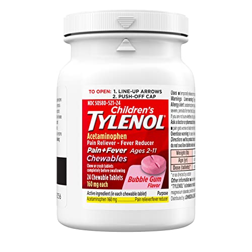 Tylenol Children's Chewables With 160 Mg Acetaminophen, Pain Reliever & Fever Reducer For Kids' Cold + Flu Symptoms, Headache, Sore Throat & Toothache, Aspirin-Free, Bubble Gum, 24 Ct #TOP1