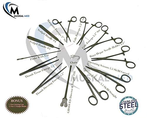 MuskalMed Advanced Dissection Kit - 24 Pieces Total. High Grade Stainless Steel Instruments Perfect OD Green