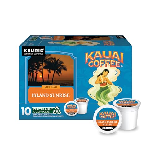 Kauai Coffee K-Cup Pods for Keurig Brewers – Arabica Coffee, 10% Hawaiian – Mild Roast, Light with Bright Aroma – Island Sunrise, 1 Pack of 10 Single Serve K-Cups
