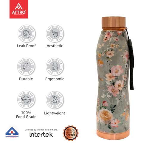 Image of ATTRO Curve Copper Bottle Design Boosts Immunity Leakproof & Lightweight |Anti-Bacterial, BPA Free with Secure Cap for School, Travel, Gym & Work 1000ml Alice Floral