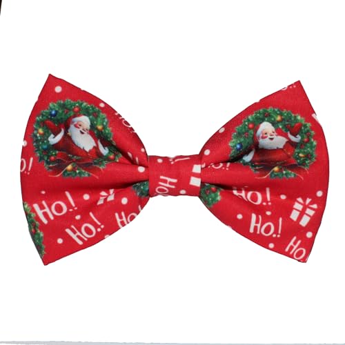 New Dogs Bow Tie Bowtie Christmas SANTA Wreath HO HO! RED Elastic Band attach COLLAR ACCESSORY Handmade UK (Santa Wreath Lage)