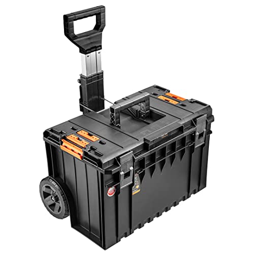 NEO TOOLS Modulare Werkzeugbox auf Rädern, ausziehbarer verstellbarer Griff, stabile Verbinder, stabile Konstruktion, Dichtung im Deckel, Schneidführung mit Maßband, Trennwand, 585x460x765mm
