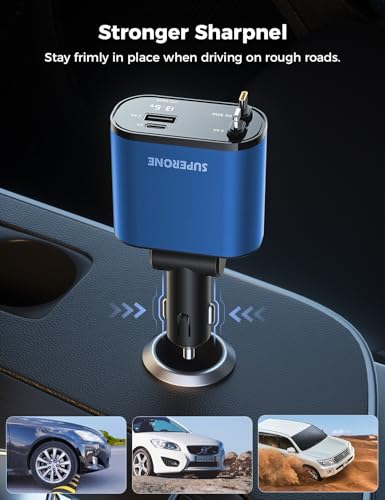【Upgraded】 SUPERONE Retractable Car Charger 4 in 1, Fast Car Phone Charger with Cord 2.6ft, USB C and Apple Car Charger Adapter, Compatible with iPhone 17/16/15/15 Pro Max/14/13/12/11, Galaxy, Pixel