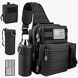 Tactical Sling Bag for Men with Detachable Water Bottle Holder & Small Utility Pouch, EDC Shoulder Crossbody Bag, Military Molle Backpack Chest Pack For Range Fishing Hunting, 9.06"x5.12"x12.6", Black