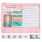 Forvencer Pencil Pouch for 3 Ring Binder, Large Capacity Binder Pencil Pouch with Smooth Zipper & 3 Reinforced Grommets, Pencil Case for Binder Clear Window to Organize School Office Supplies, Pink