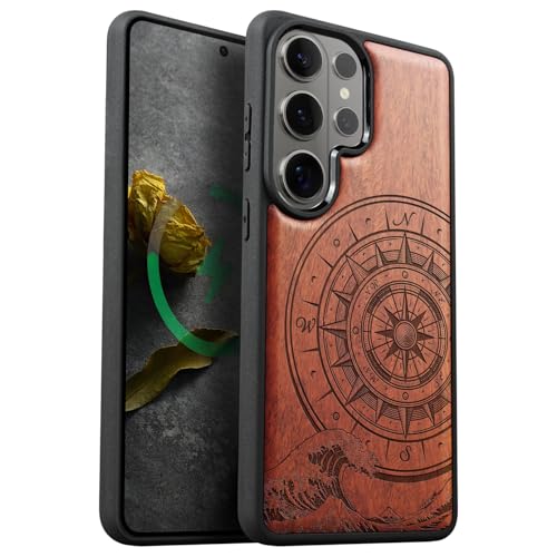 Coque bois Carveit Samsung S26 Ultra étui de luxe gravé boussole des vagues